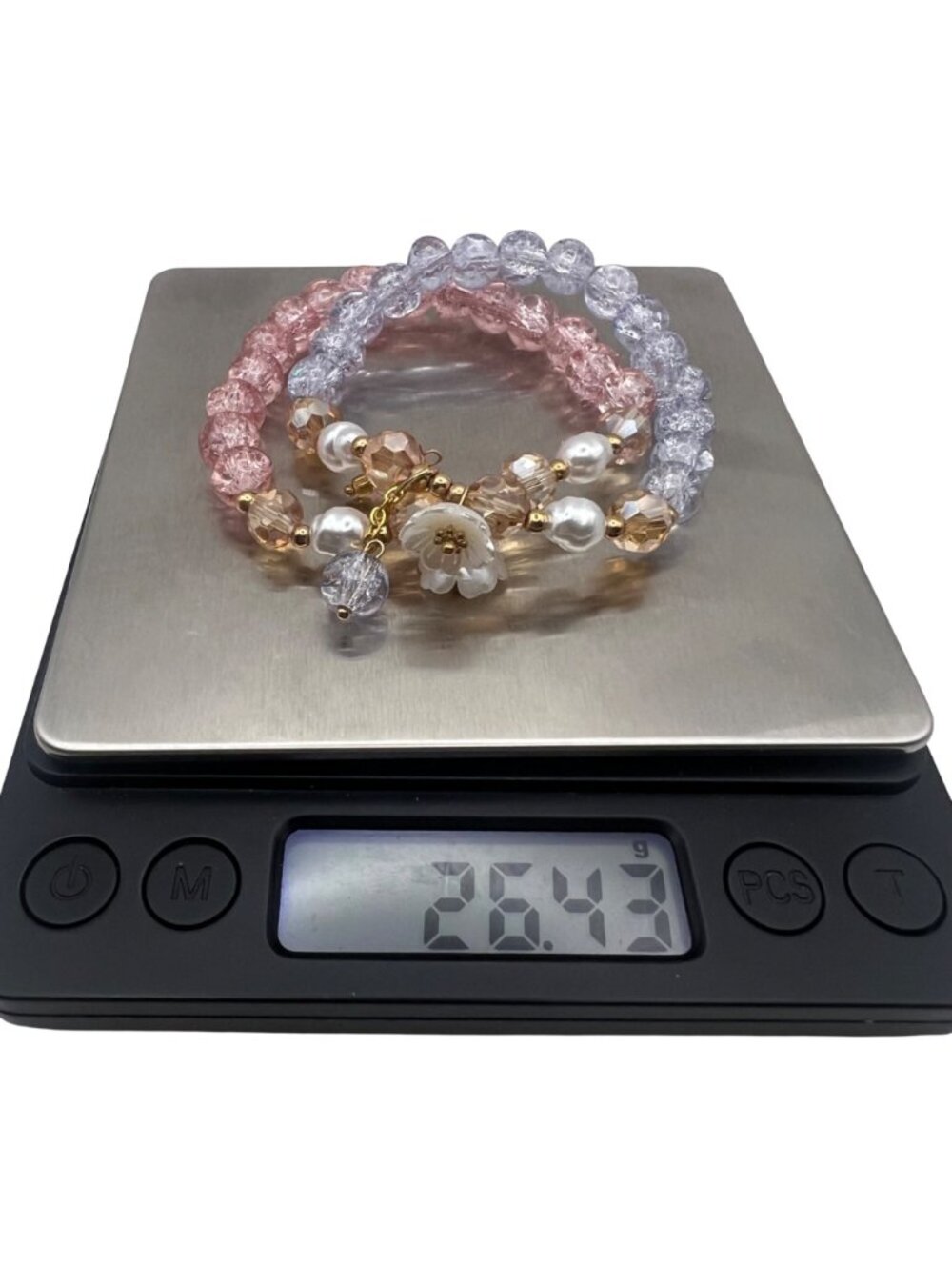 Pastel Stretch Bracelet Lot 2 Pink Blue Crackle Glass Pearl Flower Cottagecore - Picture 6 of 10